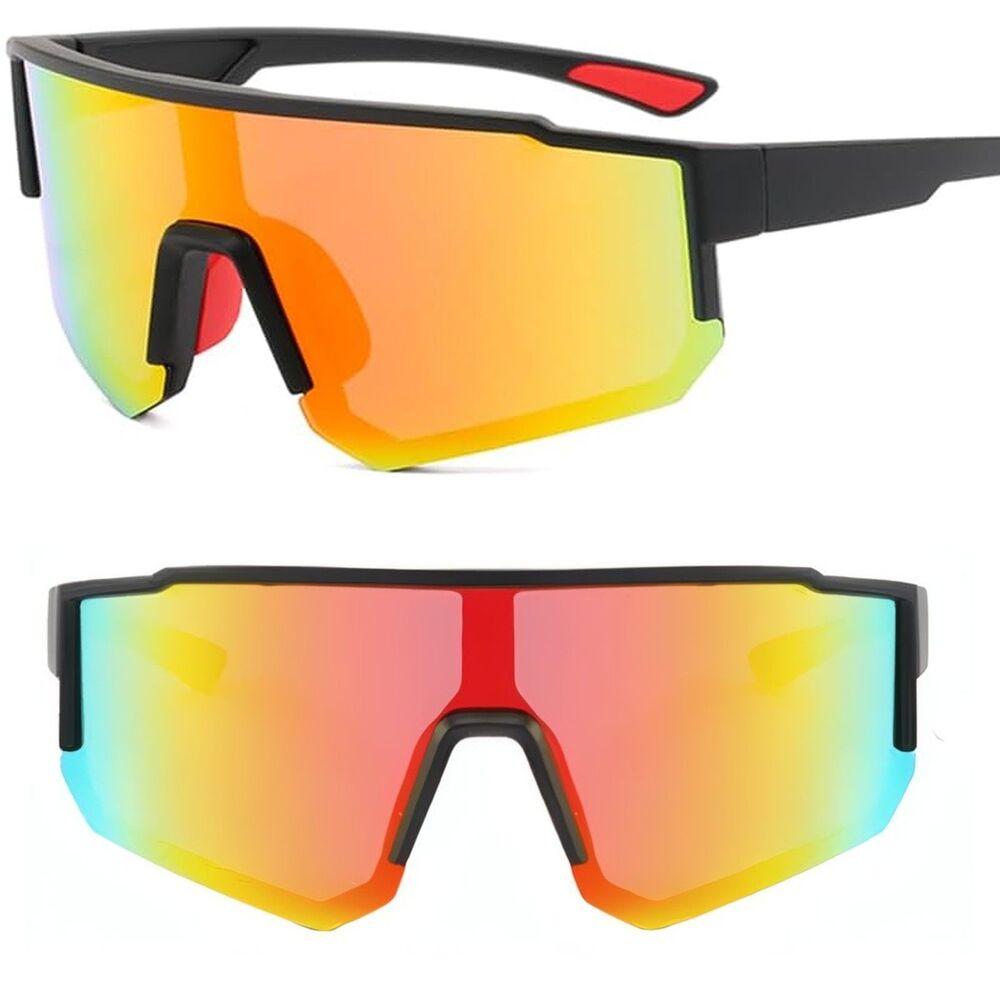 *Case Included* Unisex Black Orange Mirrored Polarized Sport Shield Sunglasses